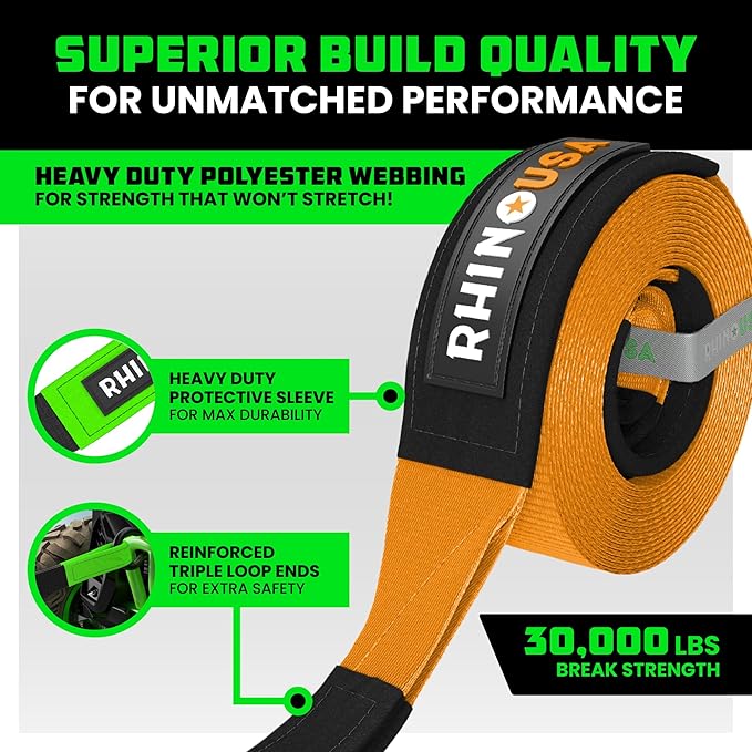 Rhino USA Recovery Tow Strap- 31, 518lb Break Strength- Emergency Recovery - Image 2