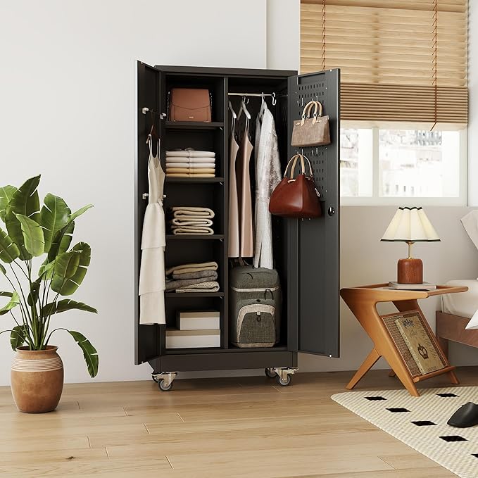 Garage Storage Cabinet with Wheels, 61.7" H Broom Closet Storage Cabinet with - Image 8