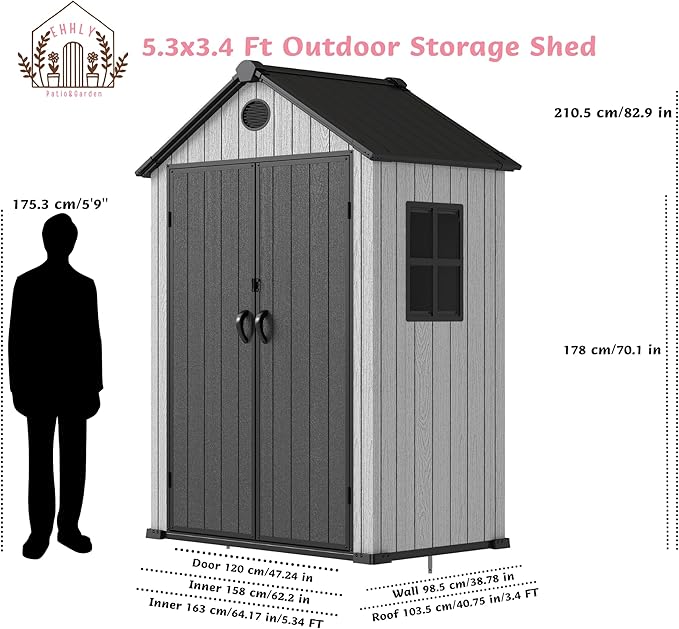 5.3x3.4 FT Resin Outdoor Storage Shed, 135 Cuft Garden Tool Sheds & Outdoor - Image 9
