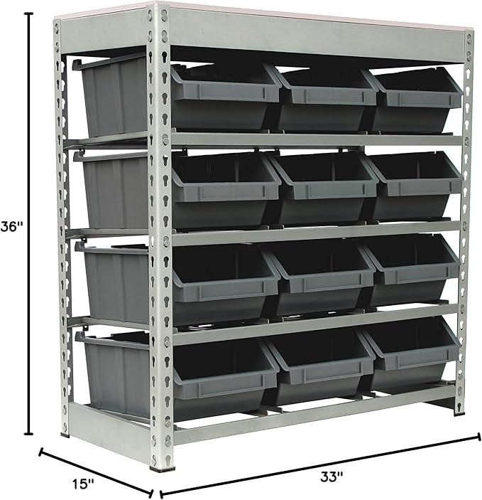 King's Rack Bin Rack Boltless Steel Storage System Organizer w/ 12 Plastic Bins - Image 4