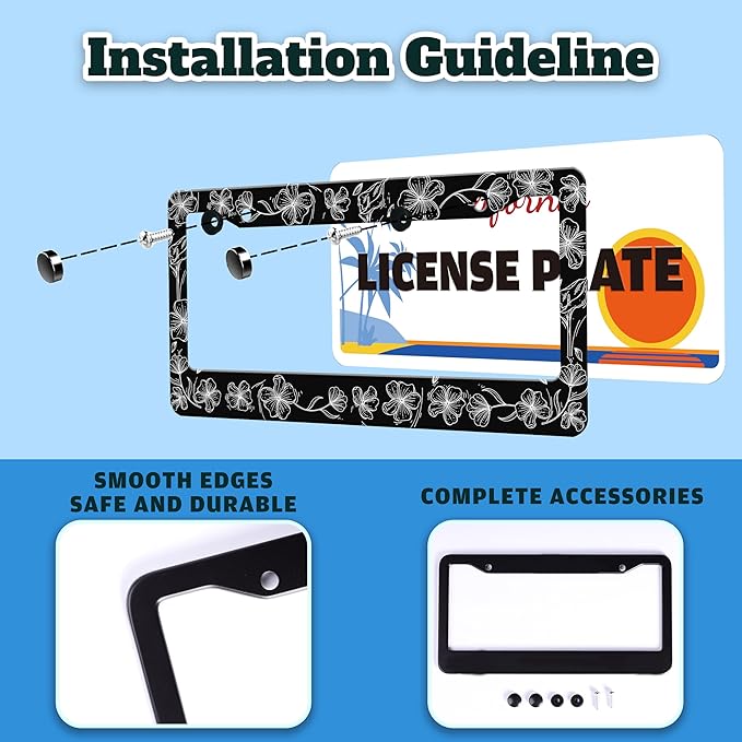 Black and White Line Drawing Flowers License Plate Frame Beautiful Floar - Image 4