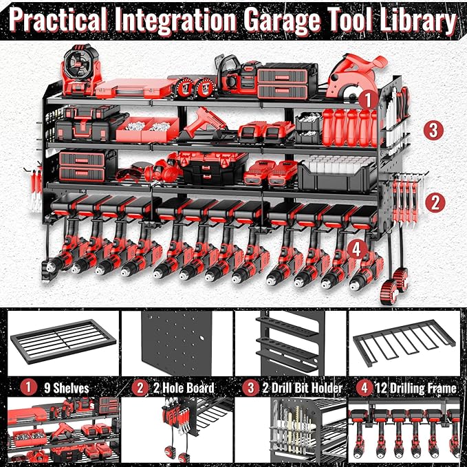 Large Power Tool Organizer Wall Mount-12 Drill Holder, Metal Heavy Duty Garage - Image 3