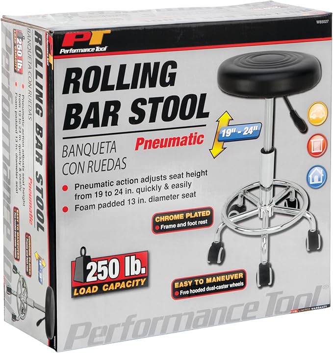 Performance Tool W85027 Adjustable Pneumatic Rolling Bar Stool, 250 Lbs Capacity - Image 10
