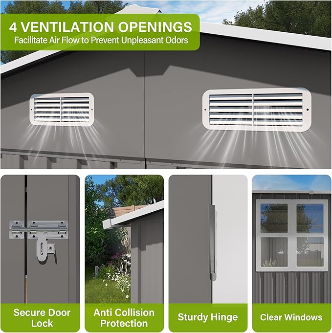 10 x 14 FT Large Outdoor Storage Shed w/ 2 Windows, Heavy Duty Metal Garden - Image 4
