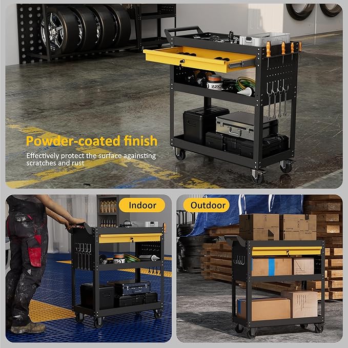 3 Tier Rolling Tool Cart on Wheels, Heavy Duty Utility Cart, Work Cart - Image 7