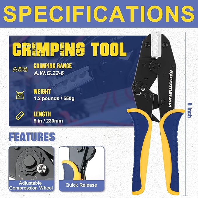 haisstronica Crimping Tool for Non-Insulated Terminal, AWG 22-6 Ratchet Wire - Image 2