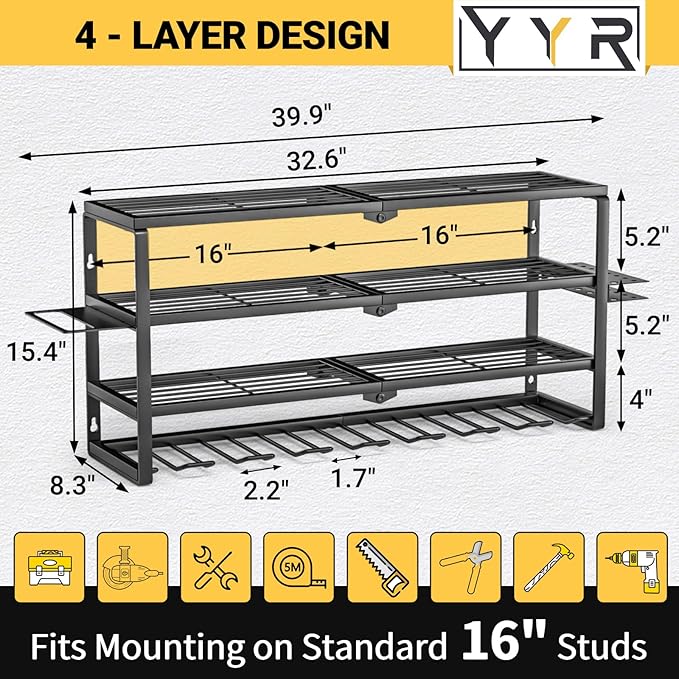 YYR 4 Layer Power Tool Organizer Wall Mount, Cordless Drill Hanger Storage Rack - Image 6