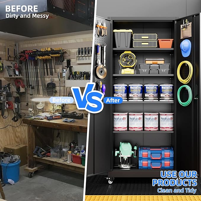 Metal Storage Cabinet with Wheels, Pegboard and 4 Hooks, Assembly Required - Image 6
