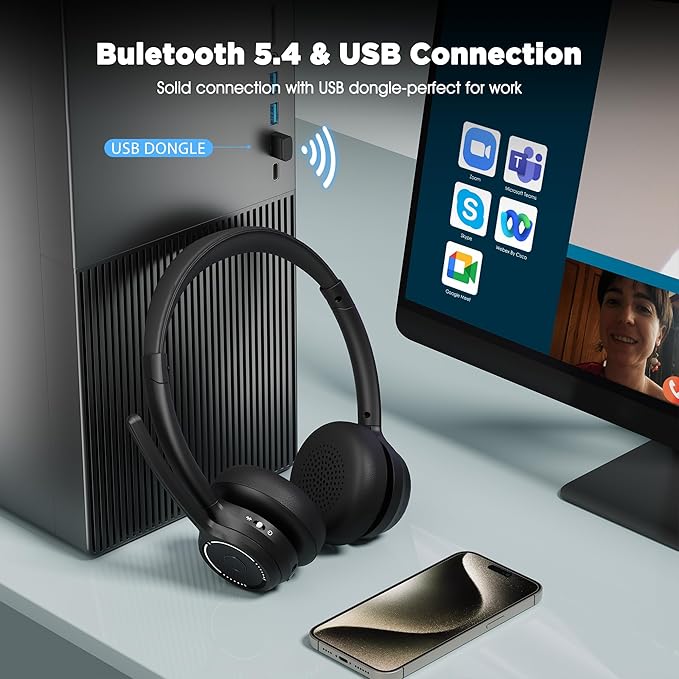 Wireless Headset with Mic for Work, Wireless On Ear Headphones with USB Dongle - Image 3