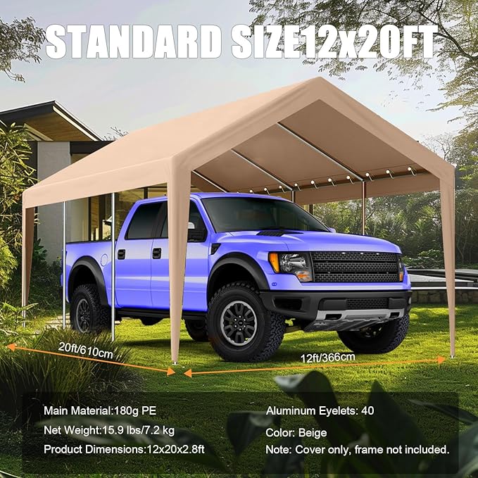 12'x20' Canopy Replacement Cover, Beefull Carport Replacement Canopy - Image 4