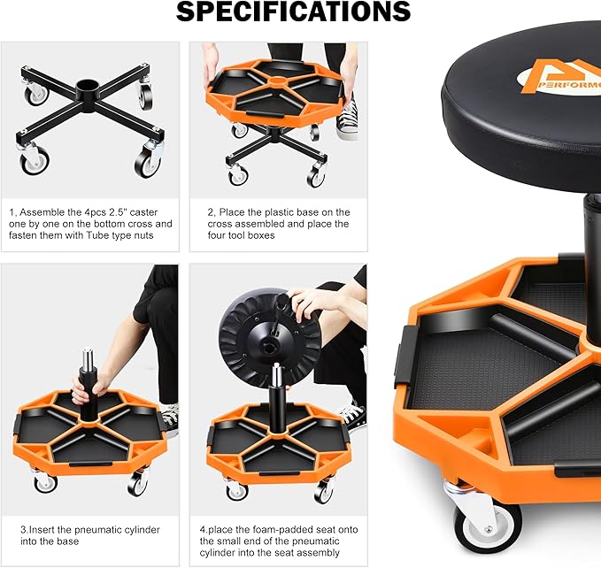 PM PERFORMOTOR Adjustable Height Pneumatic Garage Seat Rolling Mechanic Stool - Image 5
