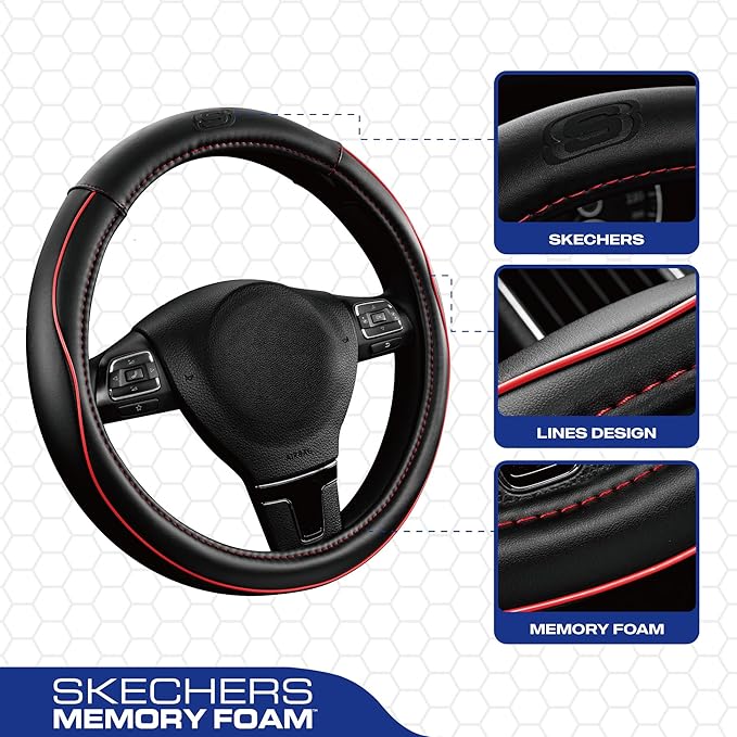 Skechers Memory Foam Steering Wheel Cover, Piping Microfiber Leather Steering - Image 2