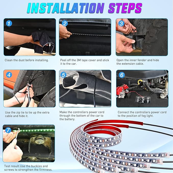 Nilight 6Pcs Car Underglow Neon Accent Strip Lights 300 LEDs Multi Color RGB-IC - Image 8