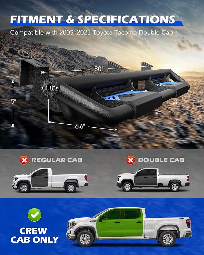 Running Boards Compatible with Toyota Tacoma Double Cab 2005-2023, 6.6" Side - Image 6