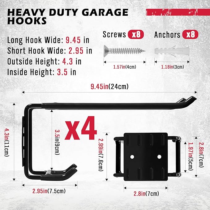 4-Piece 9.4" Heavy Duty Garage Hooks, Sturdy Utility Hooks Holds 55 LB Wall - Image 2