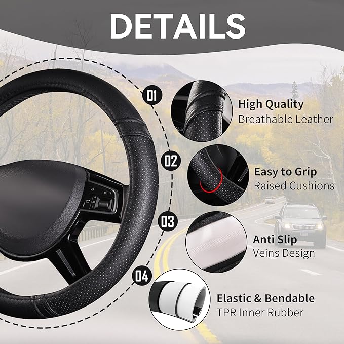 Car Pass Classical Leather Automotive Universal Steering Wheel Covers, - Image 5