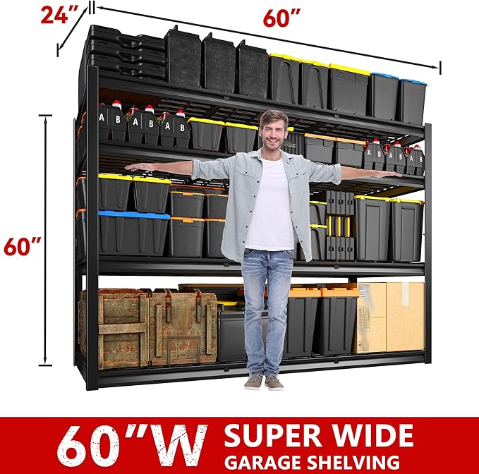 REIBII 60" W Garage Shelving Heavy Duty 2500LBS Storage Shelves 4-Tier Garage - Image 3