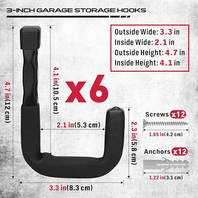 SEDY 6-Piece Heavy Duty Garage Storage Hooks, Wall Mount J Utility Hooks Holds - Image 2