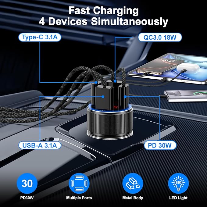 Car Charger for iPhone 16 15 Pro Max, Besgoods 4-Port Cigarette Lighter Adapter - Image 2