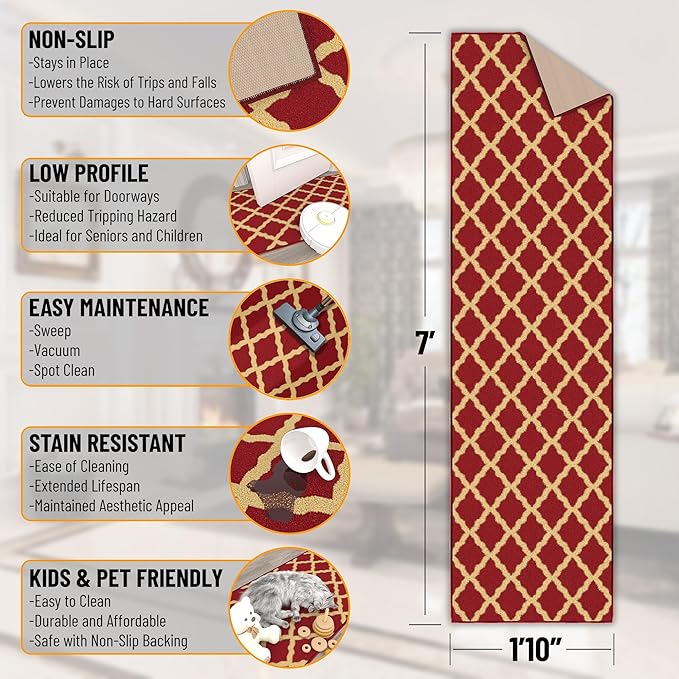 Ottomanson Hallway Runner Rug 1'10" x 7' Non Slip Trellis Area Rugs Easy to - Image 3