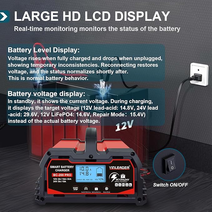 Battery Charger 20A, 12V/24V Lead Acid Smart Battery Charger, 12V LiFePO4 Car - Image 8