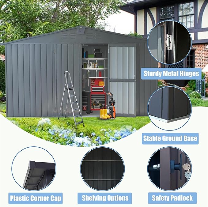 IKERY Large Galvanized Steel Storage Shed 11' x 9' - Image 2