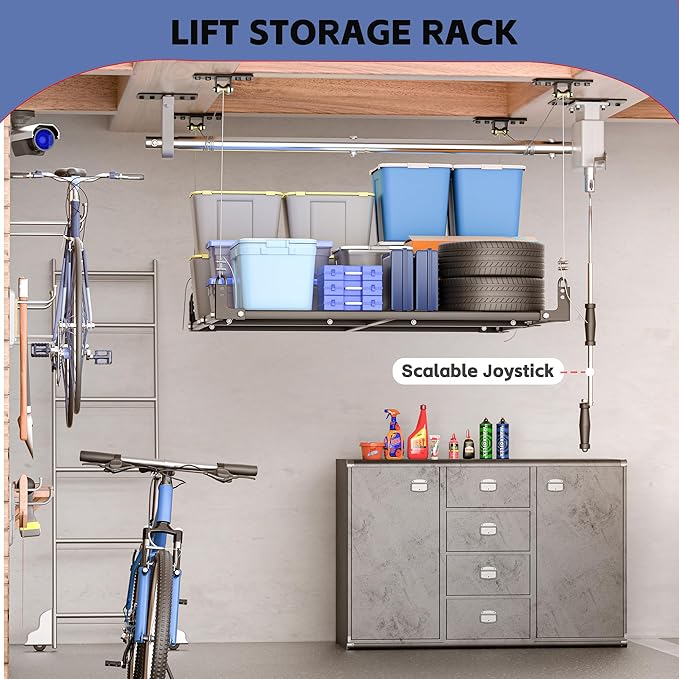 Overhead Garage Storage Rack, 4x4FT Ceiling Storage Racks Lift, Adjustable - Image 6
