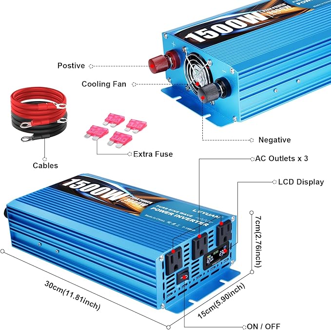 LVYUAN 1500 Watt Pure Sine Wave Inverter 12V to 110V 120V DC to AC - Image 6