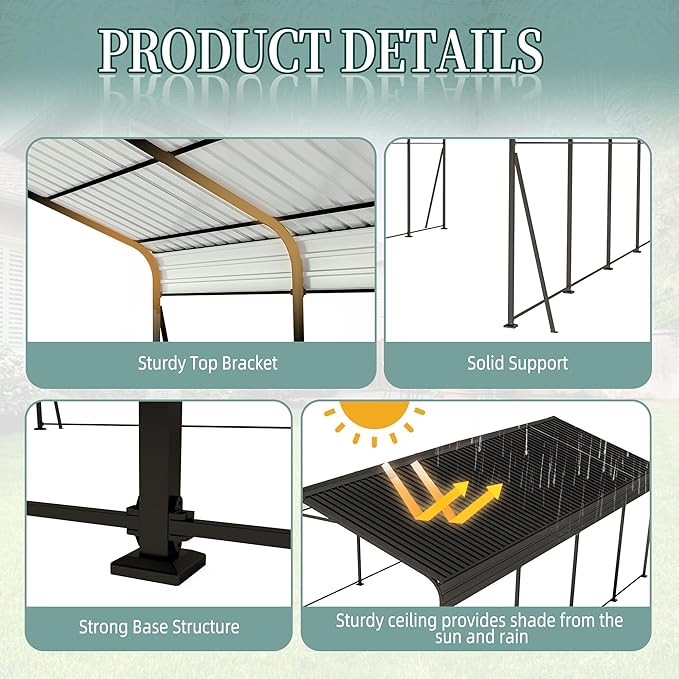 12x20 FT Metal Carport, Heavy Duty Car Port Canopy - Image 3