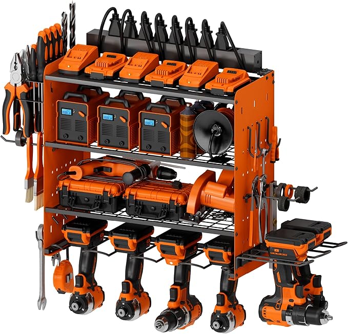 Power Tool Organizer with Charging Station, 4 Layers Garage Storage Rack with 6 by Sttoraboks