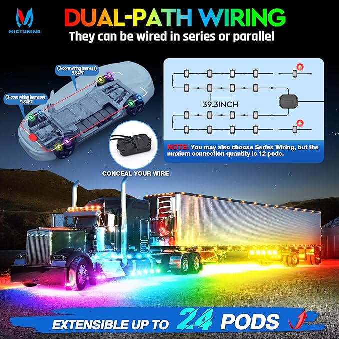 MICTUNING 2025 1000% Bright Q1 MAX RGB+IC Rock Lights, 2 Pods Chasing - Image 5