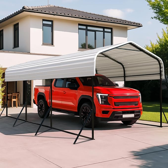 10x15 Metal Carport with Base Fixings Heavy Duty Garage Outdoor Chrome Plated by ZYNFYLUS