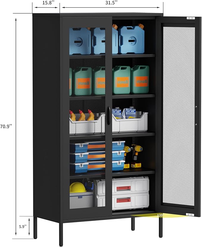 73 '' Metal Garage Storage Cabinet, 2 Doors and 4 Adjustable Shelves, mesh Door - Image 3