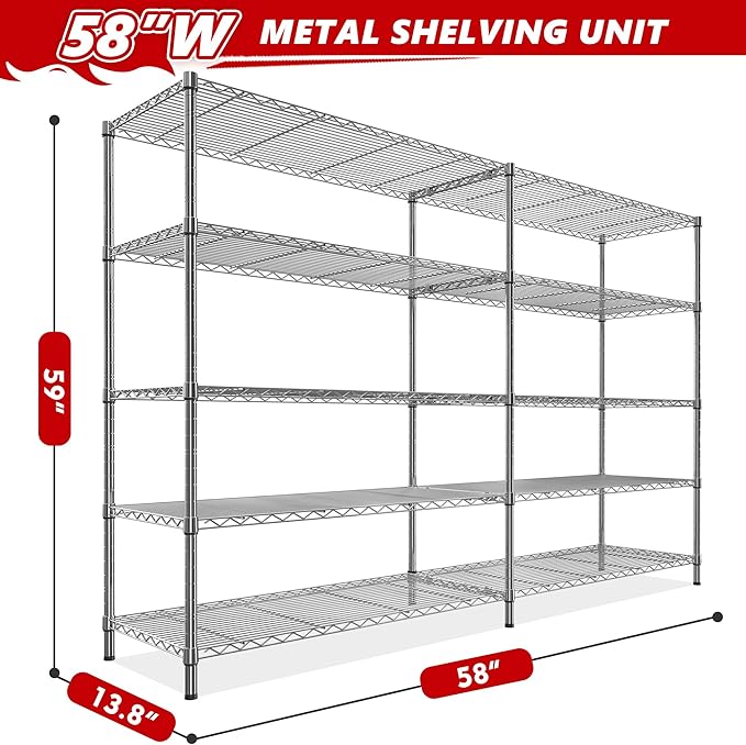 REIBII 58" W 5 Tier Heavy Duty Wire Shelving Unit - 1400LB Metal - Image 3