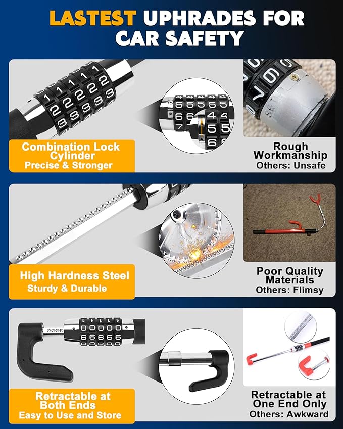 Tevlaphee Steering Wheel Lock Anti Theft Device Retractable Brake Pedal Lock - Image 3