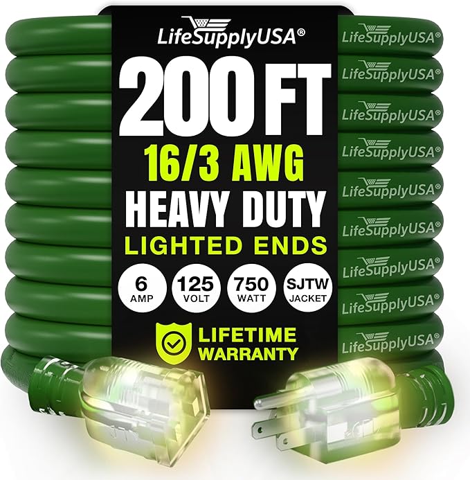 200ft Outdoor/Indoor Extension Cord 16/3 Gauge Heavy Duty 3 Prong SJTW by LifeSupplyUSA