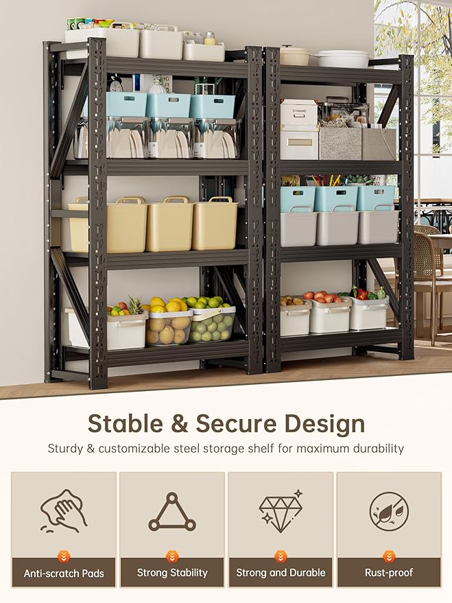 4-Tier Storage Shelves, Adjustable Industrial Metal Shelf System, 400lbs - Image 6