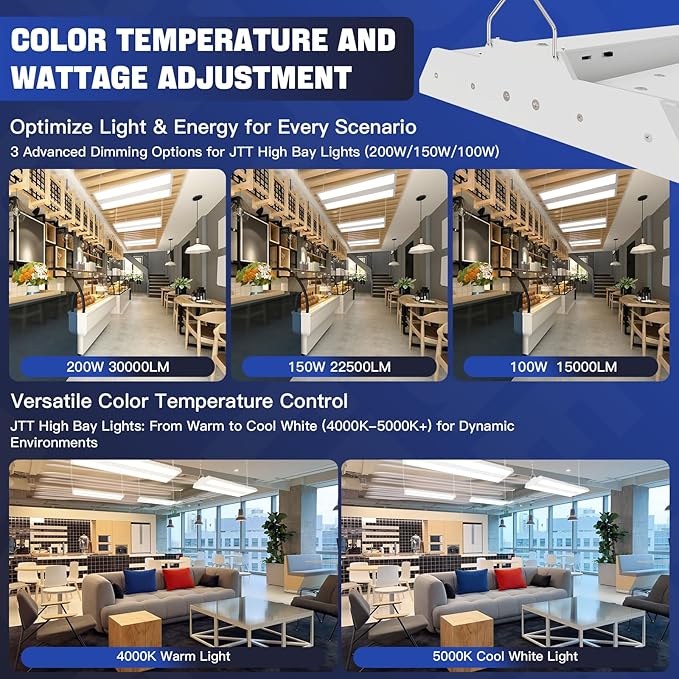 JTT LED Linear Shop Lights 200/150/100W, 30000LM 360° Adjustable Led High Bay - Image 7