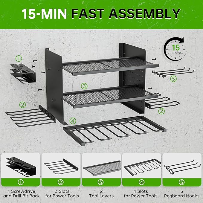Power Tool Organizer, 3 Layer 8 Drill Holder Wall Mount, Tool Shelf and Storage - Image 4