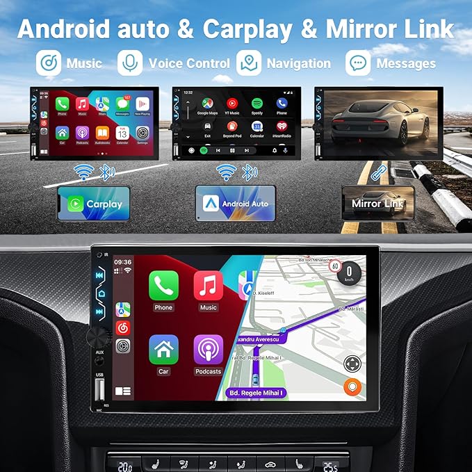 Double Din Car Stereo with Wireless Carplay and Wireless Android Auto, 7 Inch - Image 2