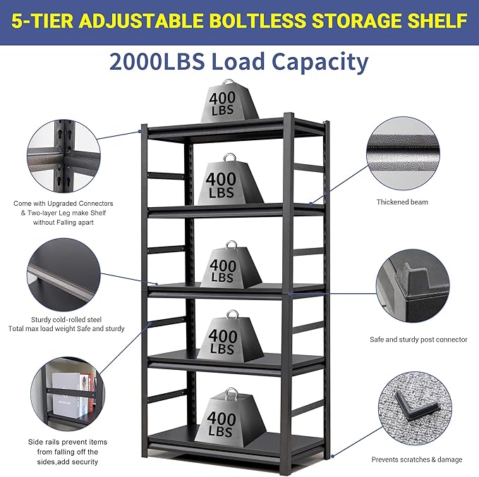 TOPKEY 5-Tier Utility Shelves Garage Storage Shelves, Heavy Duty Metal Storage - Image 5