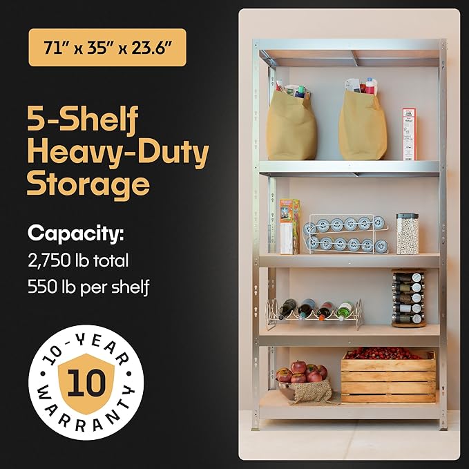 Storage Shelves: 5 Storage Shelves Heavy Duty w/ 2, 750 lb Total Load Capacity - Image 4