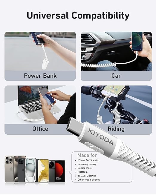 USB C to C Cable 6ft for Car, Coiled Braided USB Type C Cable 66W Fast Charging - Image 7