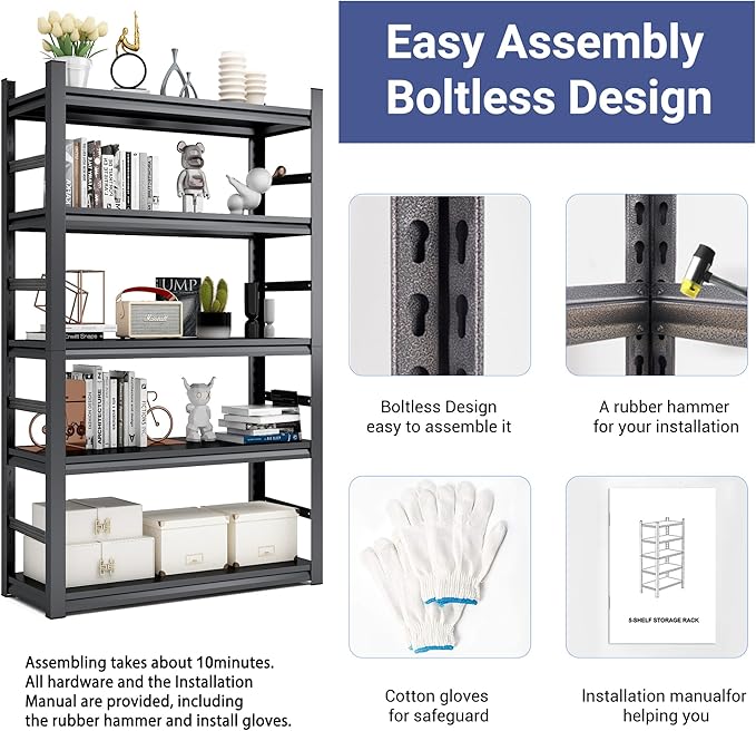 TOPKEY Metal Storage Shelf Garage Storage Shelves, Heavy Duty 5-Tier Utility - Image 5