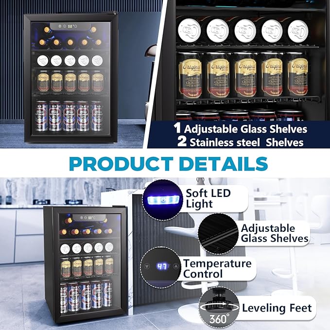 26 Bottle Wine Cooler, 95 Cans Beverage Refrigerator, 2.6 cu.ft Drink Fridge - Image 5