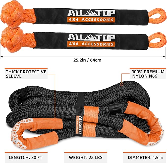 ALL-TOP Kinetic Recovery Rope Kit w/ 2 Soft Shackles, 1.5in x 30ft, Heavy Duty - Image 3