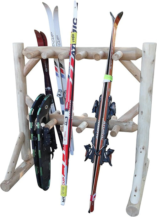 11-Place Freestanding Log Ski Rack Holder, Indoor & Outdoor Snowboard Racks by LogKayakRack