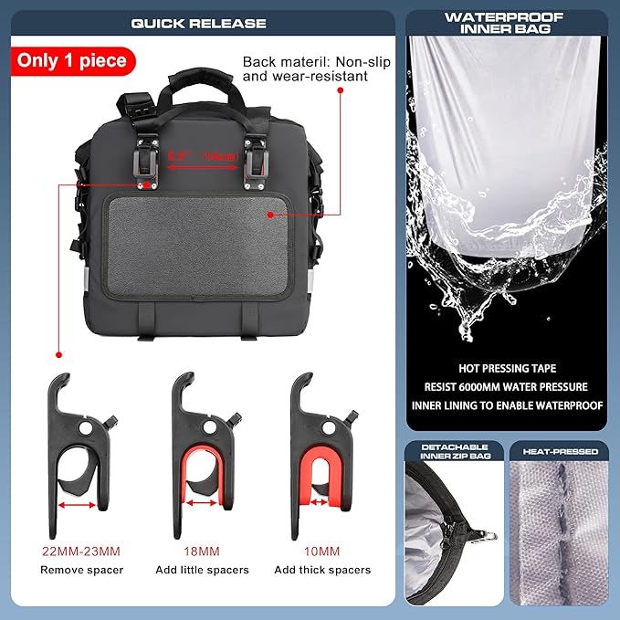 Rhinowalk Waterproof Motorcycle Saddlebags Luggage Bags 20L Quick Release - Image 3