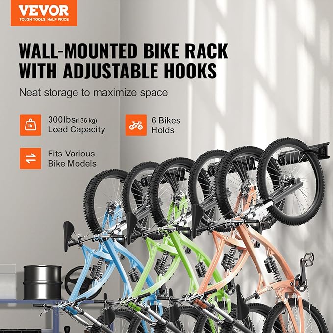 VEVOR Bike Storage Rack, 6 Bike Racks and 3 Helmets Hooks, Wall Mount Bike - Image 2