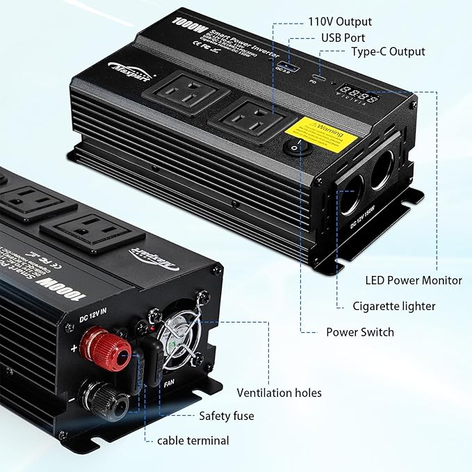 1000W Inverter for Car Power Inverters, 12v DC to 110v AC Converter - Image 4